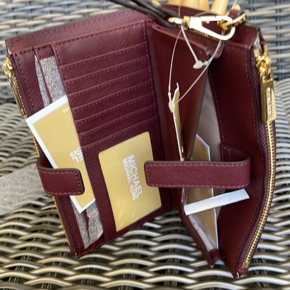 Michael Kors Jet Set Travel Large Double Zip Wristlet Wallet Dark Cherry Leather - Picture 13 of 16